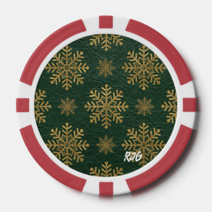 Green Leather Tooled with Gold Snowflakes Initials Poker Chips