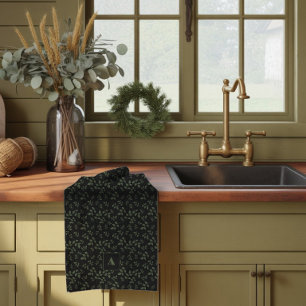 Green leave pattern monogram Kitchen Towels