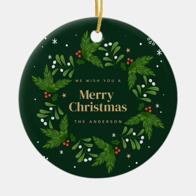 Green Leave Snowflake Merry Christmas Ceramic Tree Decoration (Front)
