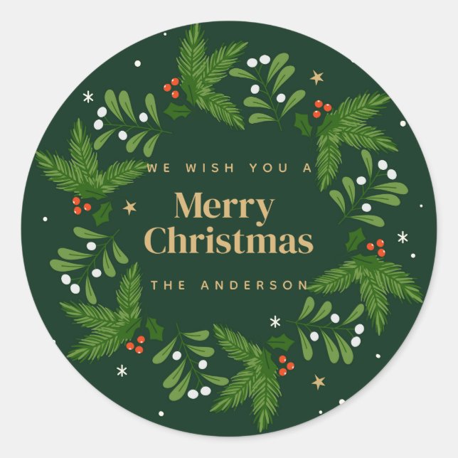 Green Leave Snowflake Merry Christmas Classic Round Sticker (Front)