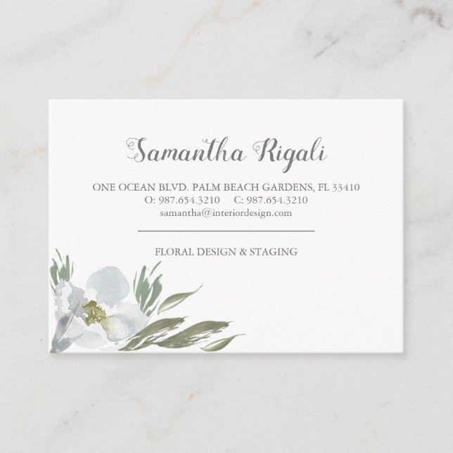 Green Leaves and Blue Floral Business Cards (Front)