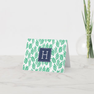 Green Leaves and Blue Monogram Note Card