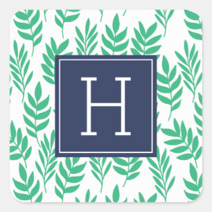 Green Leaves and Blue Monogram Square Sticker