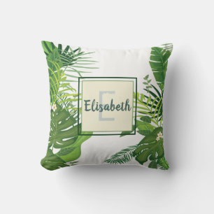 Green leaves and flowers tropical monogram cushion