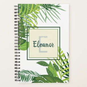 Green leaves and flowers tropical monogram planner