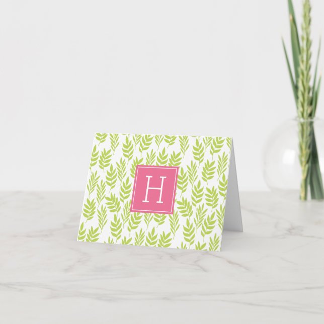 Green Leaves and Pink Monogram Note Card (Front)