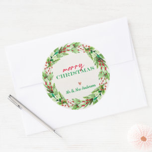 Green Leaves and Red floral Christmas Wreath Classic Round Sticker