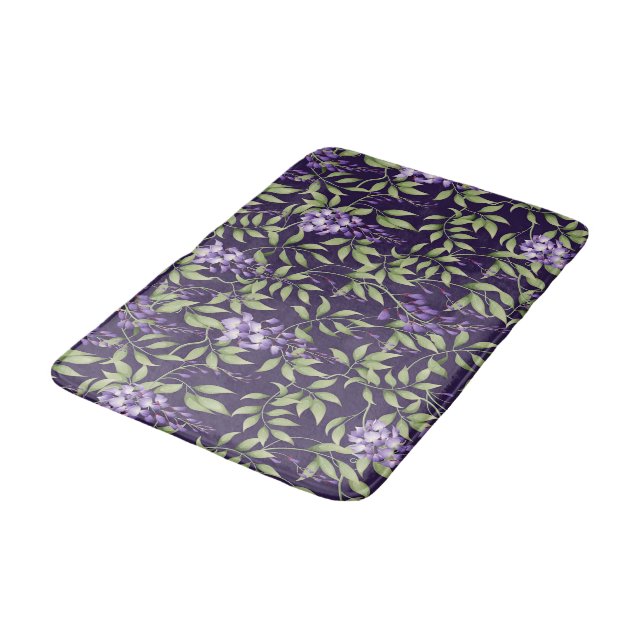  Green Leaves and Wisteria Floral Pattern Bath Mat (Angled)