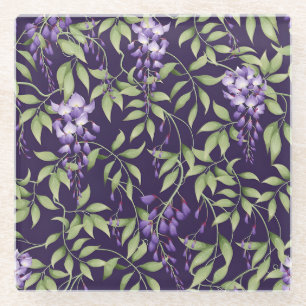  Green Leaves and Wisteria Floral Pattern Glass Coaster
