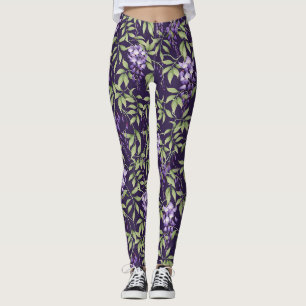 Green Leaves and Wisteria Floral Pattern Leggings