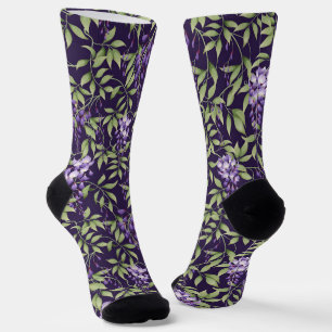 Green Leaves and Wisteria Floral Pattern Socks