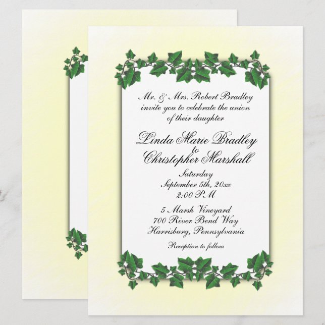 Green Leaves and Yellow Cream Wedding Invitation (Front/Back)