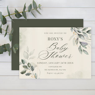 Green leaves baby shower invitation