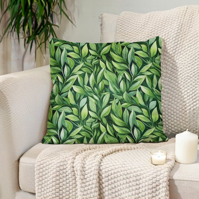 Green Leaves Black Elegant Unique Modern Cushion (Green leaves on black decorator pillow)