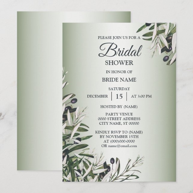 Green Leaves Black Olive Elegant Bridal Shower Invitation (Front/Back)