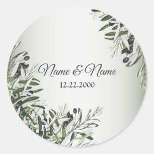 Green Leaves Black Olive Elegant Wedding Classic Round Sticker