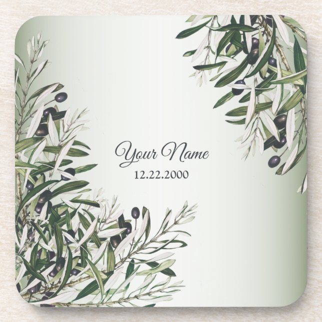 Green Leaves Black Olive Elegant Wedding Party Coaster (Front)
