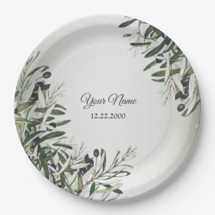 Green Leaves Black Olive Elegant Wedding Party Paper Plate