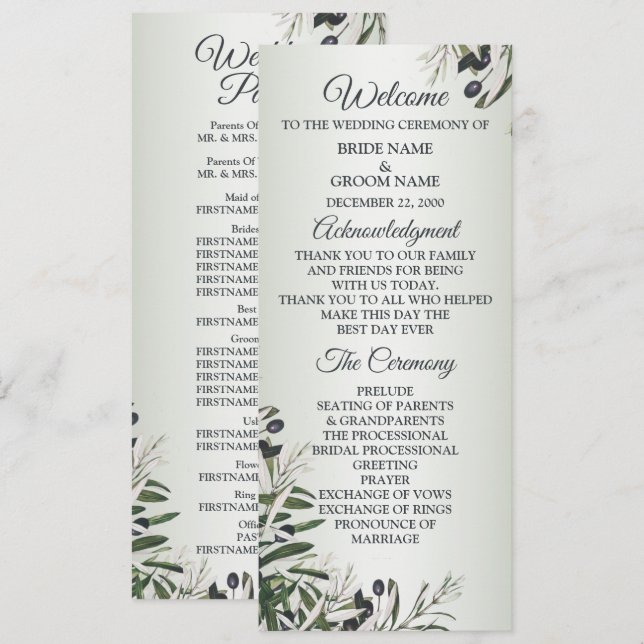 Green Leaves Black Olive Elegant Wedding  Programme (Front/Back)