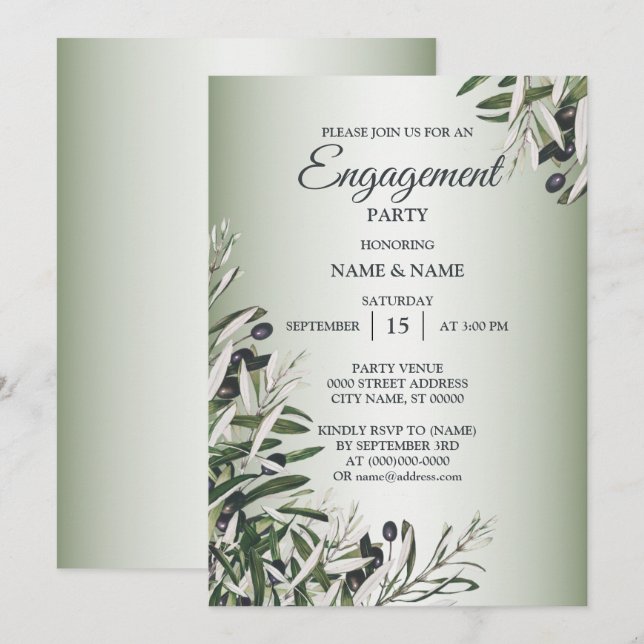 Green Leaves Black Olive Engagement Party Invitation (Front/Back)