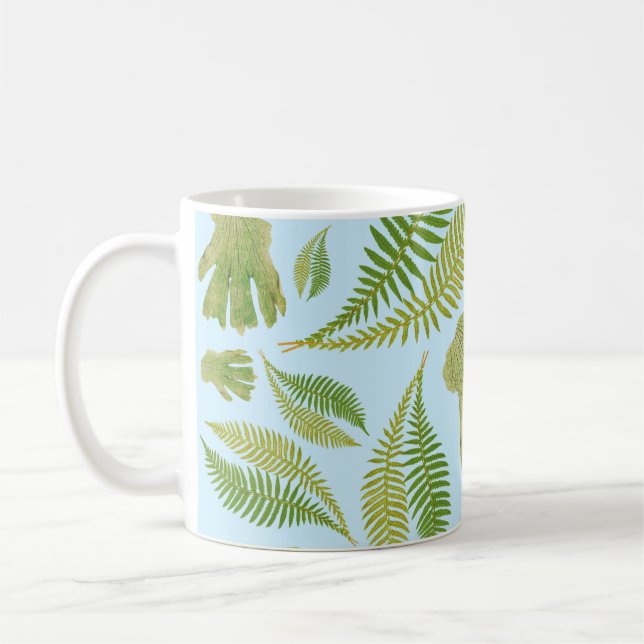 Green Leaves Blue Colour. Leaf Pattern Coffee Mug (Left)