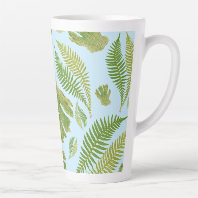 Green Leaves Blue Colour. Leaf Pattern Latte Mug (Right)