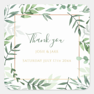 Green leaves border wedding thank you sticker
