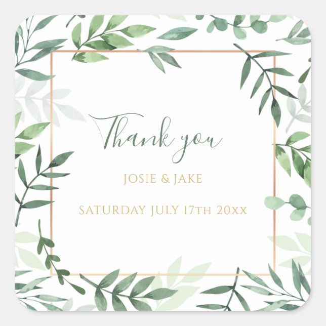 Green leaves border wedding thank you sticker (Front)