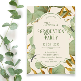 Green leaves botanical graduation invitation