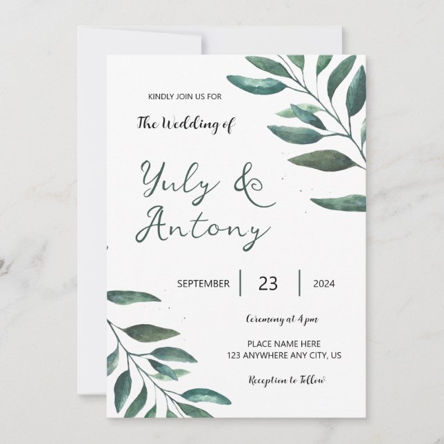 Green leaves Botanical Minimalistic Modern Wedding Invitation (Front)