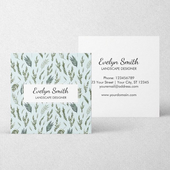 Green Leaves Botanical Pattern Square Square Business Card (Front and Back Side)