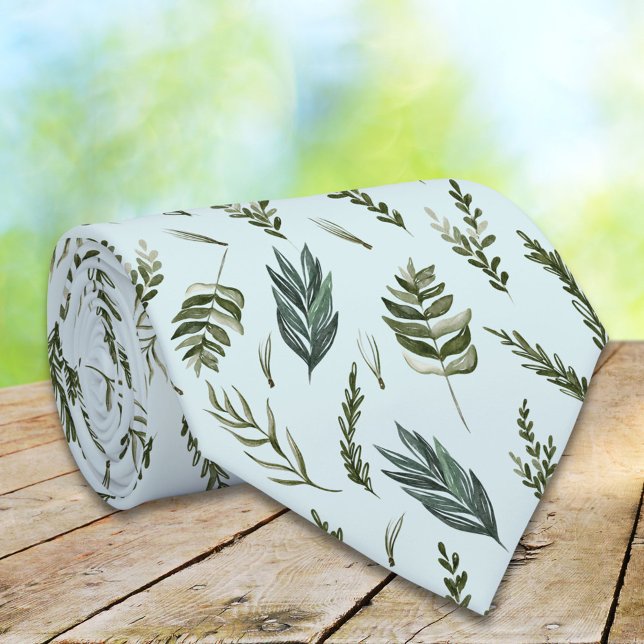 Green Leaves Botanical Pattern Tie (Close up)