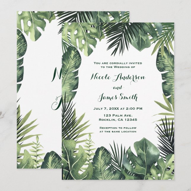 Green Leaves Botanical Tropical Plants Wedding Invitation (Front/Back)