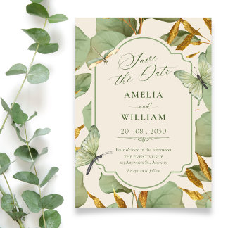 Green leaves botanical wedding invitation