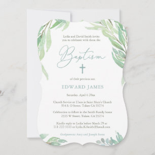 Green Leaves Boy Baptism Ceremony And Party Invitation