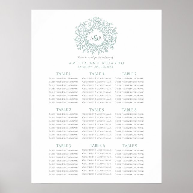 Green leaves circle wedding seating chart poster (Front)