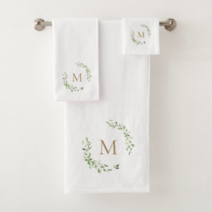 Green leaves Crest Gold Monogram Bath Towel Set