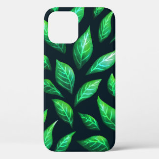 Green Leaves Dark Abstract Ink Drawn Pattern iPhone 12 Case
