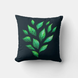 Green Leaves Dark Abstract Ink Drawn Pattern Cushion