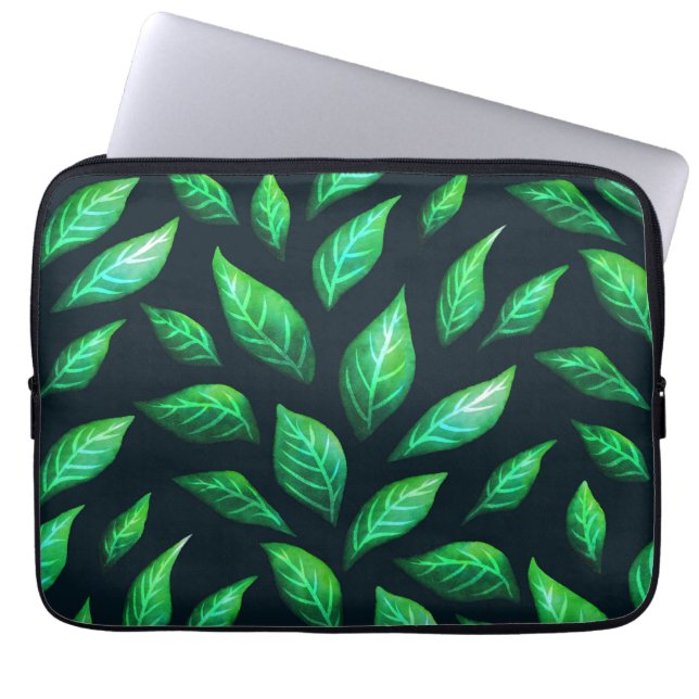 Green Leaves Dark Abstract Ink Drawn Pattern Laptop Sleeve (Front)
