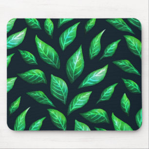 Green Leaves Dark Abstract Ink Drawn Pattern Mouse Mat