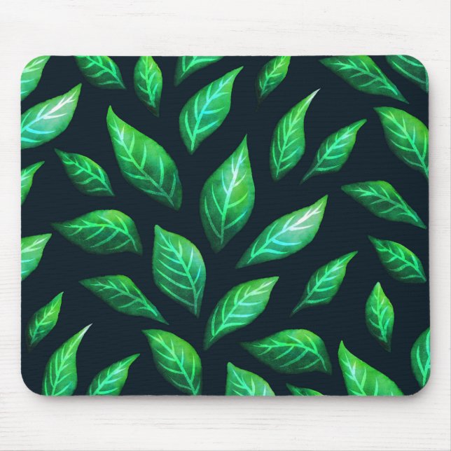 Green Leaves Dark Abstract Ink Drawn Pattern Mouse Mat (Front)