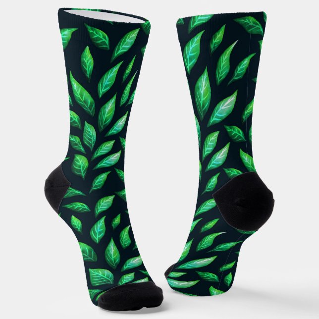 Green Leaves Dark Botanical Pattern Socks (Angled)