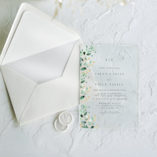 Green Leaves Elegant Monogram Wedding Acrylic Invitations