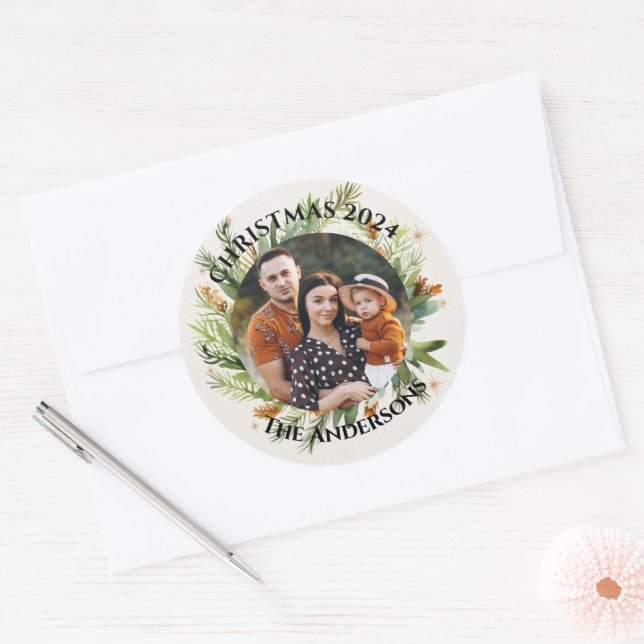 Green Leaves Family Photo Merry Christmas Classic Round Sticker (Envelope)