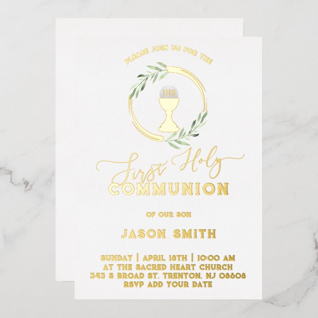 green leaves First Holy Communion Foil Invitation (Front/Back)