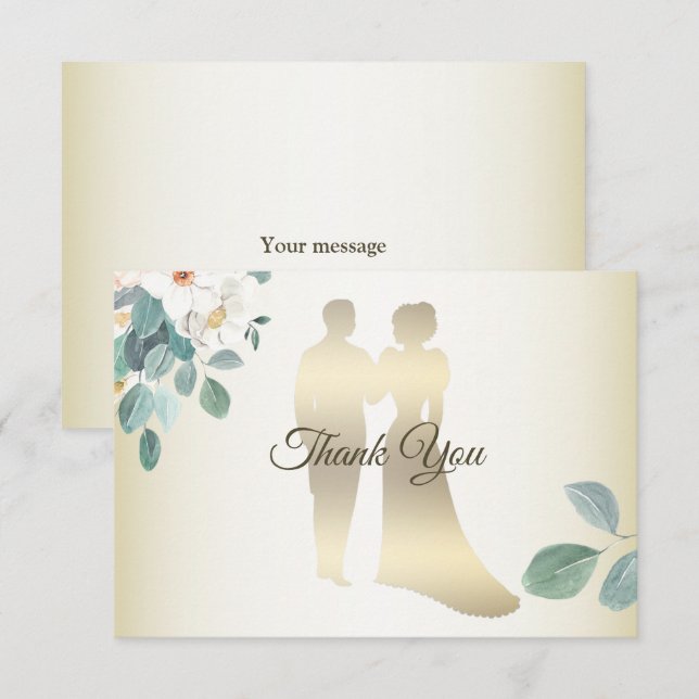 Green Leaves Flower Golden Frame Modern Wedding Thank You Card (Front/Back)