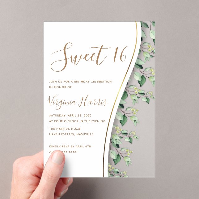 Green Leaves Foliage Sweet Sixteen 16 Birthday Acrylic Invitations (Insitu (Handheld))