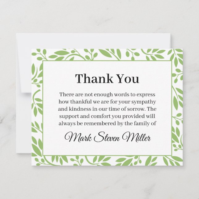Green Leaves Funeral Note Card Flat Bereavement (Front)