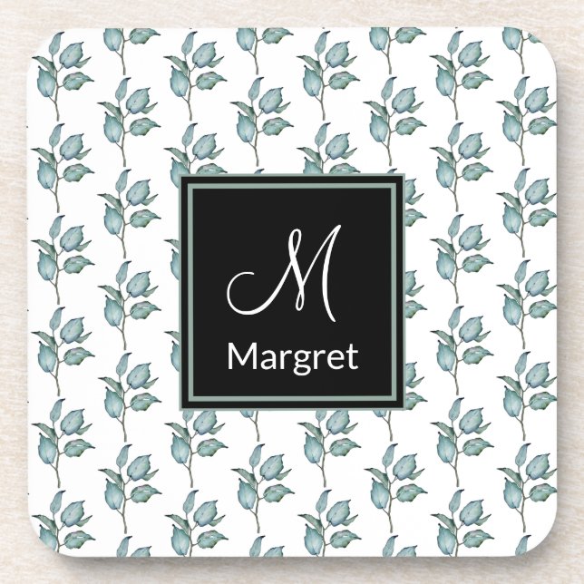 Green Leaves Garden Pattern Monogram Personalise Coaster (Front)